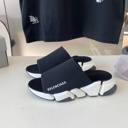 SPEED 2.0 SLIDE SANDAL IN BLACK RECYCLED KNIT AND WHITE SOLE