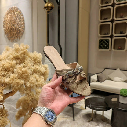 Balenciaga 26s Flat Slippers Light Brown Canvas Leather 681304