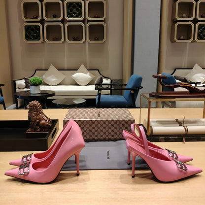 Balenciaga 26s High Heel 100 Pink Patent Leather Sliver Logo 681185