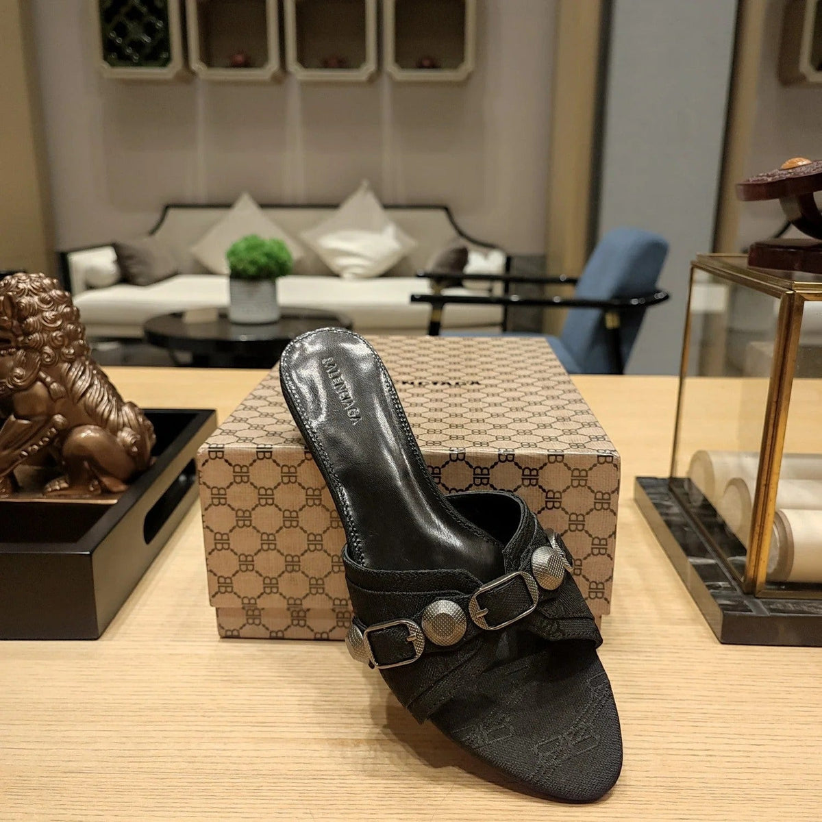 Balenciaga 26s Flat Slippers Black Canvas Leather 681306