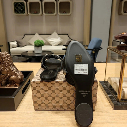 Balenciaga 26s Flat Slippers Black Canvas Leather 681306