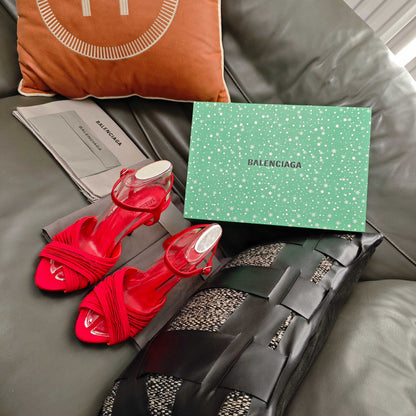 Balenciaga 26s Peep-Toe Sandals 95 Red Silk Satin Leather 681215