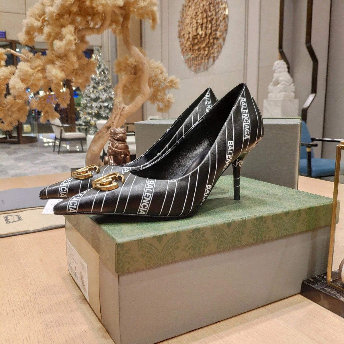 Balenciaga x GC 26s High Heel Pump Black White Sheepskin 681310