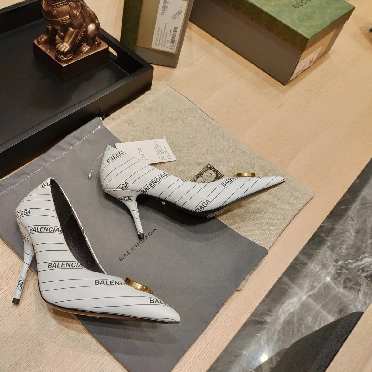 Balenciaga x GC 26s High Heel Pump White Black Sheepskin 681311