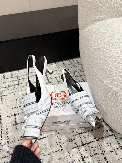 KNIFE CHEMISE 45MM SLINGBACK IN WHITE MIX BLACK COTTON AND CALFSKIN