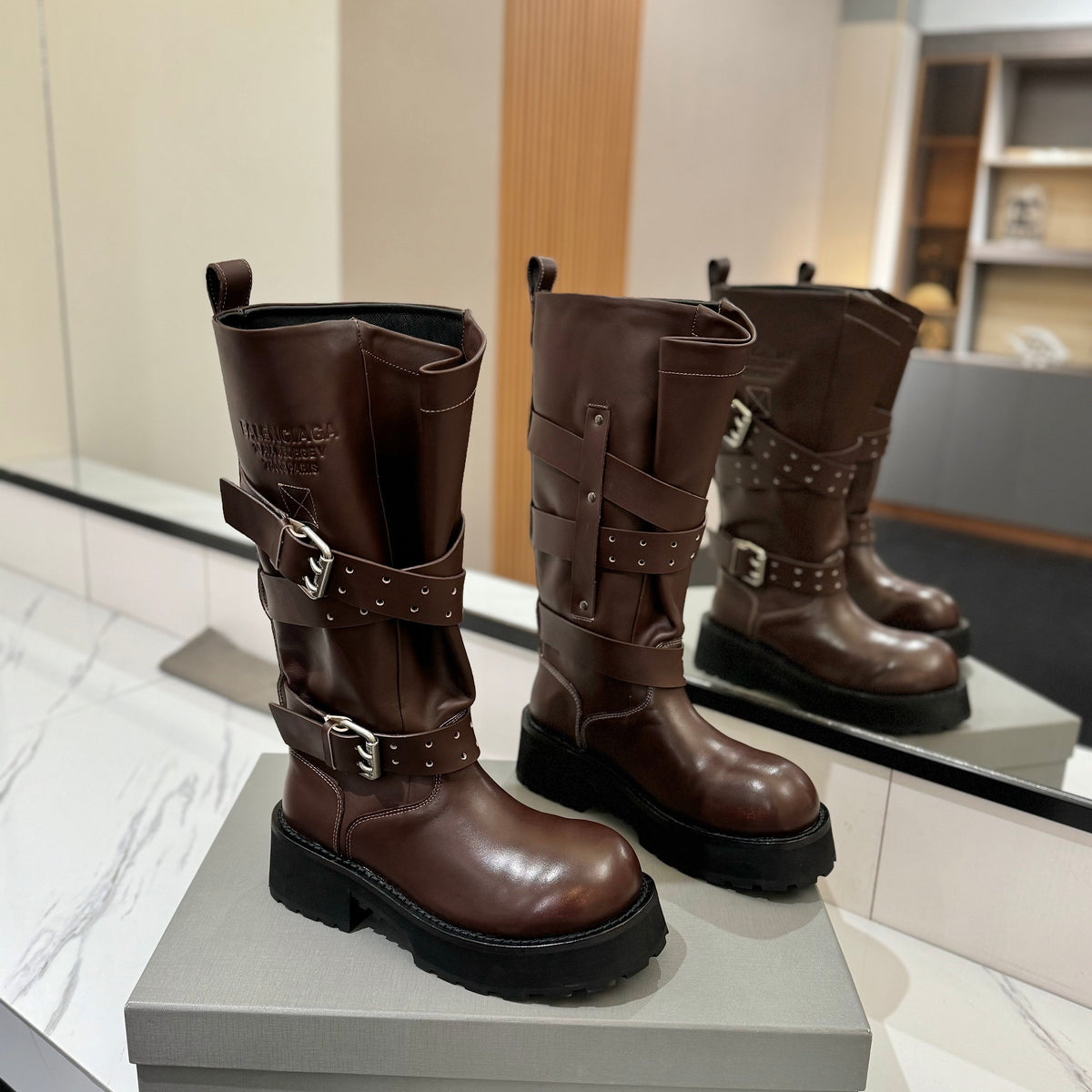 Balenciaga 25s buckled high boots brown calfskin 467612