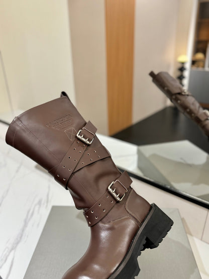 Balenciaga 25s buckled high boots brown calfskin 467612