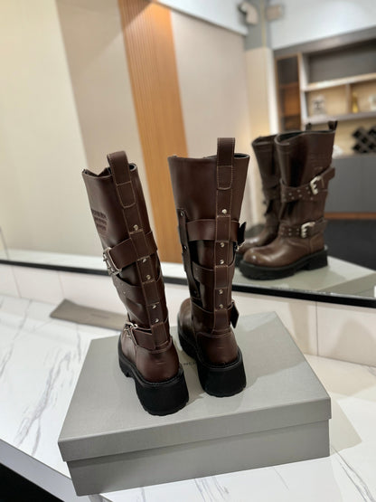 Balenciaga 25s buckled high boots brown calfskin 467612