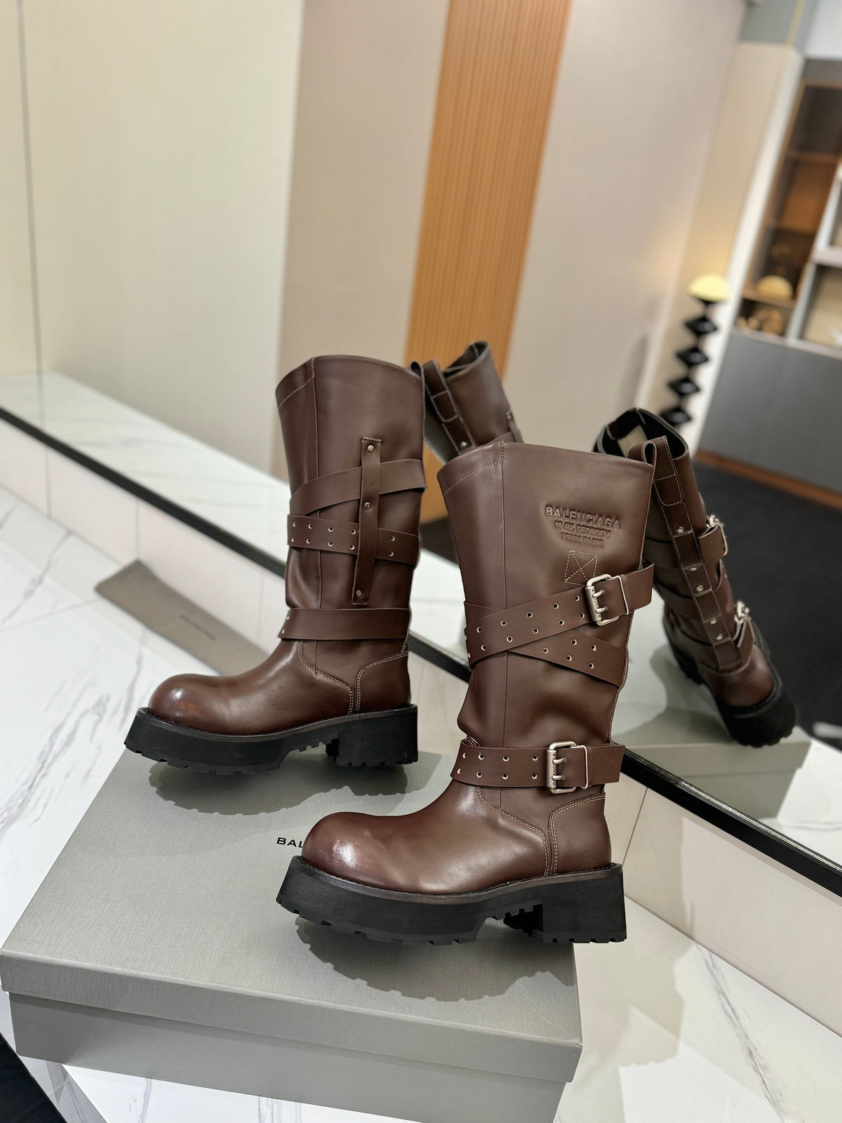 Balenciaga 25s buckled high boots brown calfskin 467612