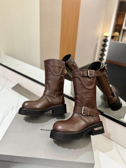 Balenciaga 25s buckled high boots brown calfskin 467612