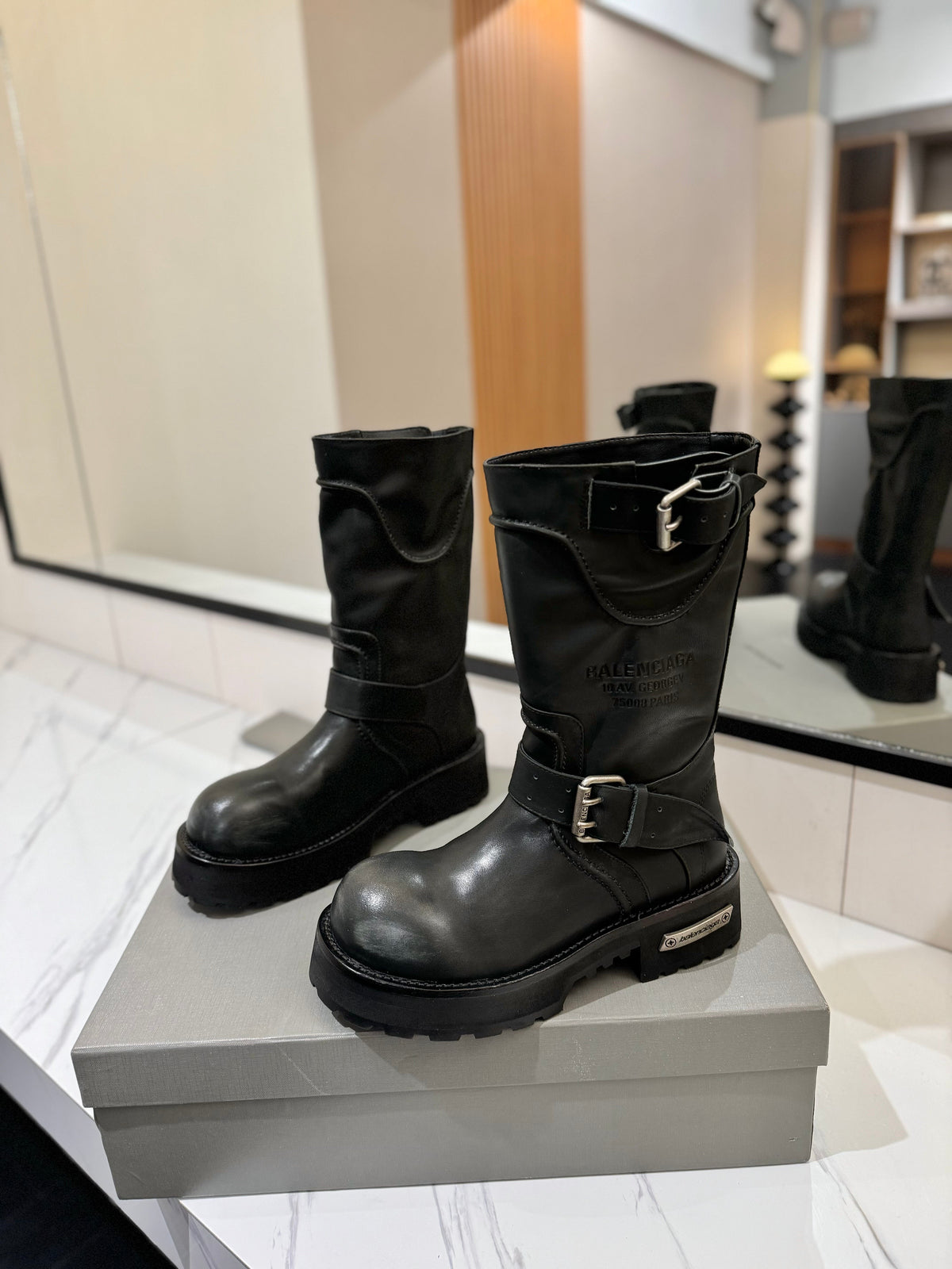 Balenciaga 25s buckled mid-calf boots black calfskin 467613