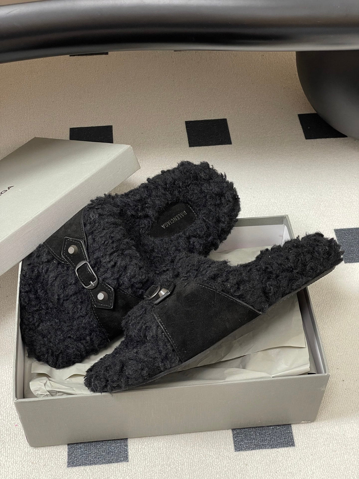 Balenciaga Classic Buckle Slippers Black Wool 535030