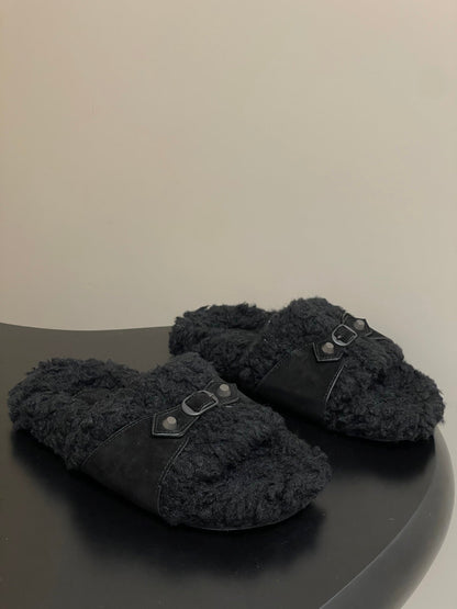 Balenciaga Classic Buckle Slippers Black Wool 535030