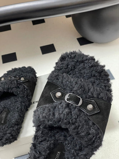 Balenciaga Classic Buckle Slippers Black Wool 535030