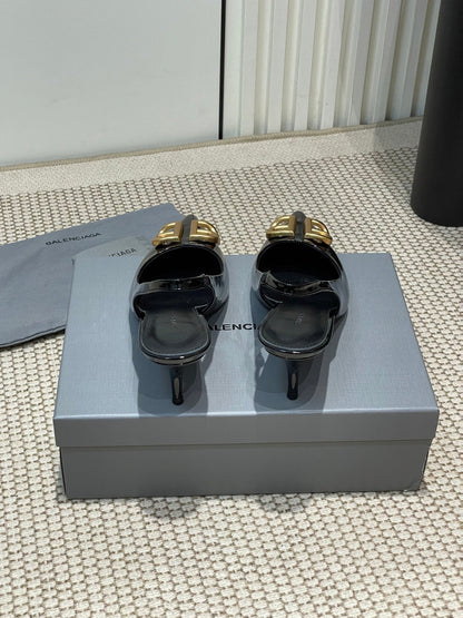 POINTED BB GOLD BUCKLE HIGH SLINGBACK 60MM IN BLACK PATENT CALFSKIN